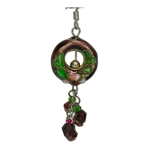 Floral Cloisonne French Hook Earrings Burgandy Green Pink Vintage 1.5" Drop EUC - Picture 3 of 6